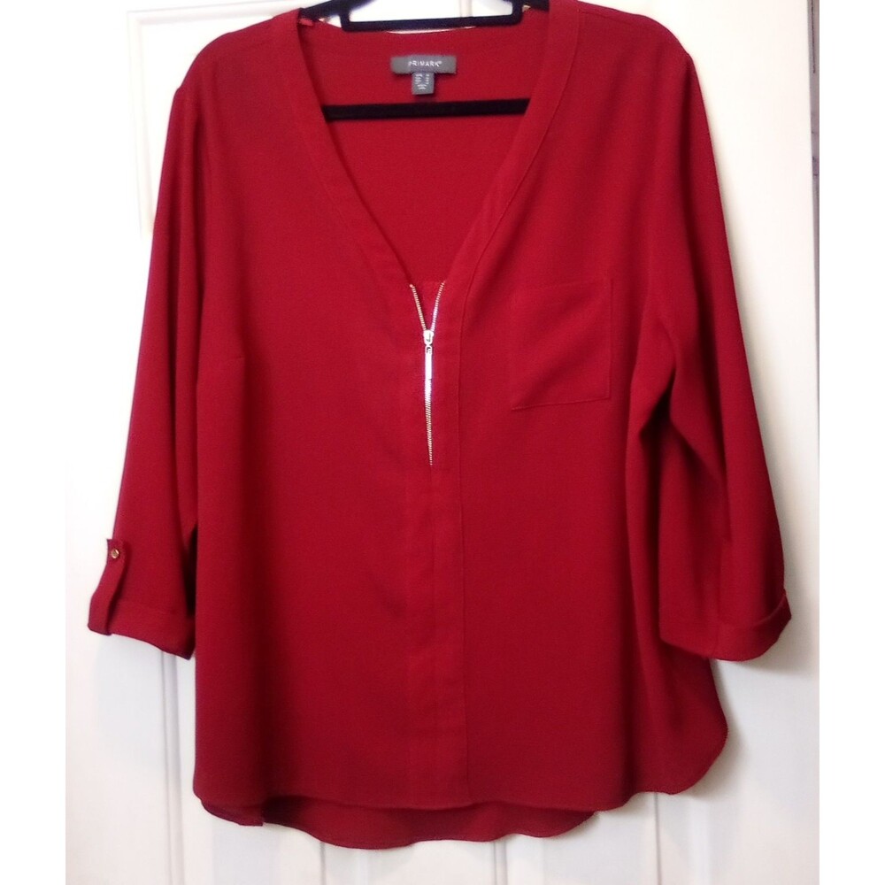 Primark Women's Red Solid V-Neck Zip Front 3/4 Sleeve Blouse Top US14 Polyester